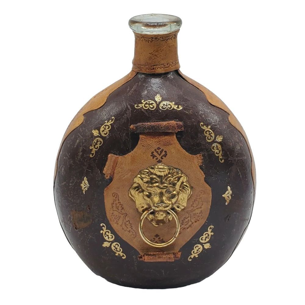 Vintage Italian Leather Wrapped Decanter Bottle With Lions Head Knocker No Top